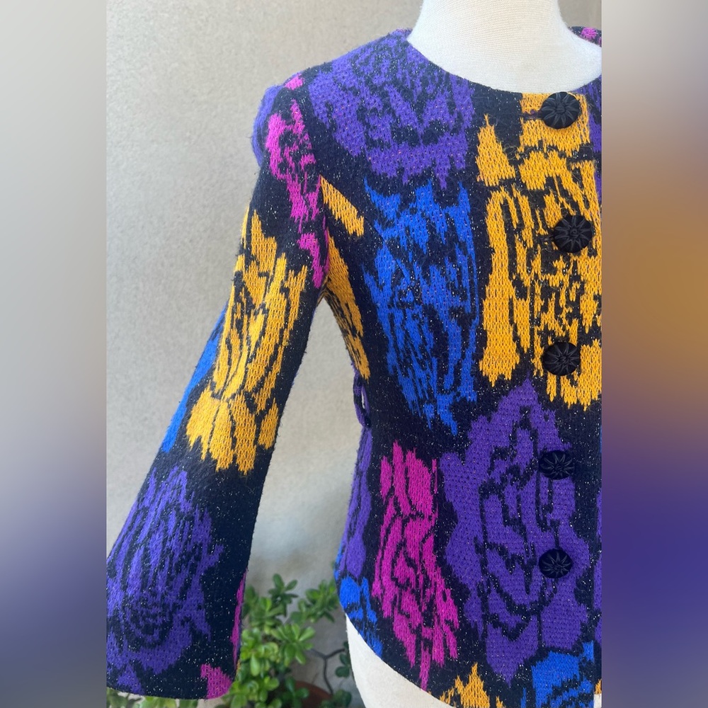 Vintage 80s knit New Wave cardigan sweater lined neon colors Sz M - Picture 5 of 12